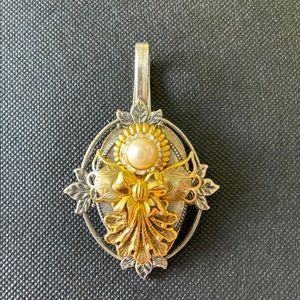 Antique Vintage Silver Spoon and Gold Pearl Angel Pendant